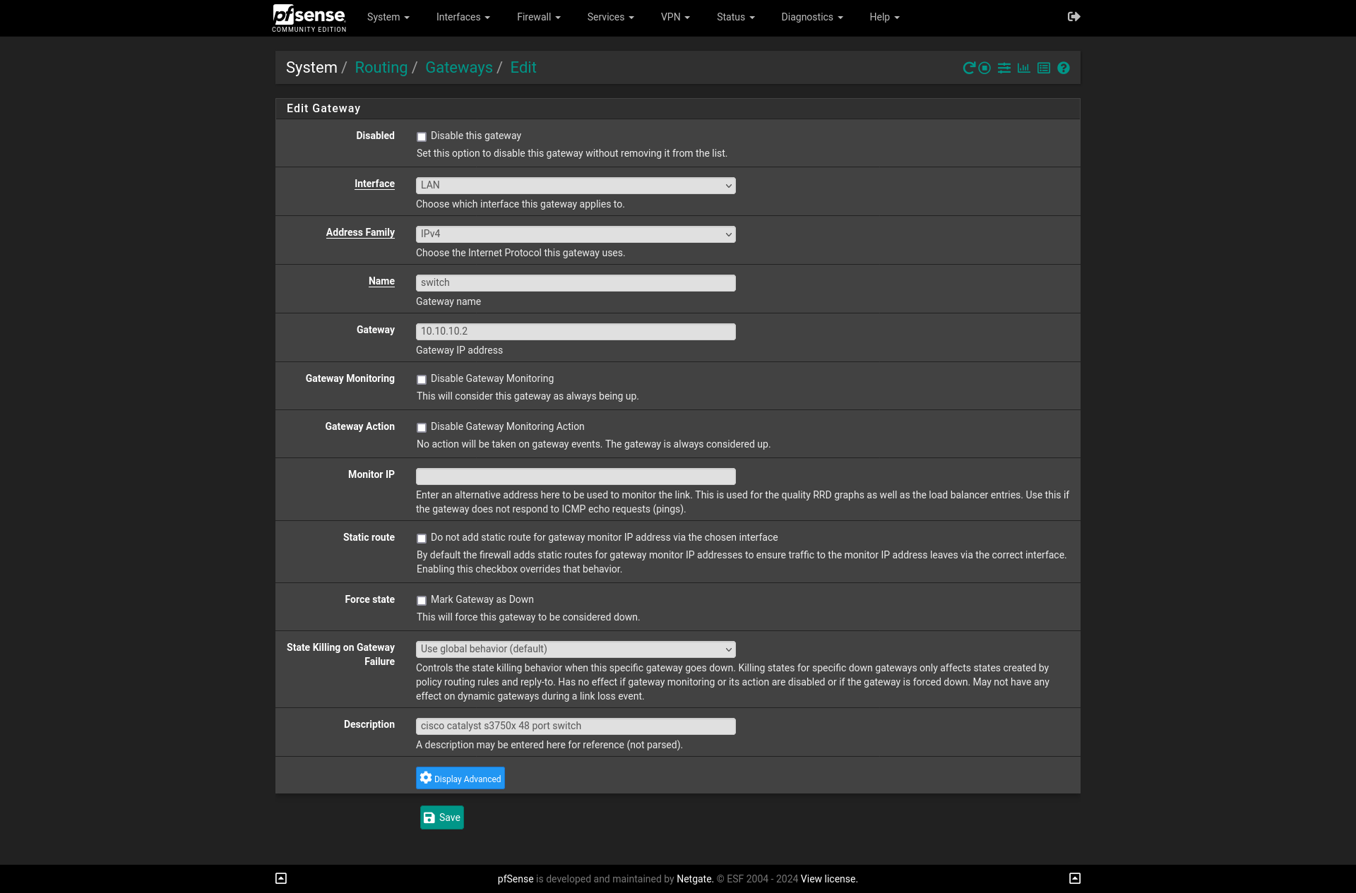 pfSense's GUI Gateways Edit
page