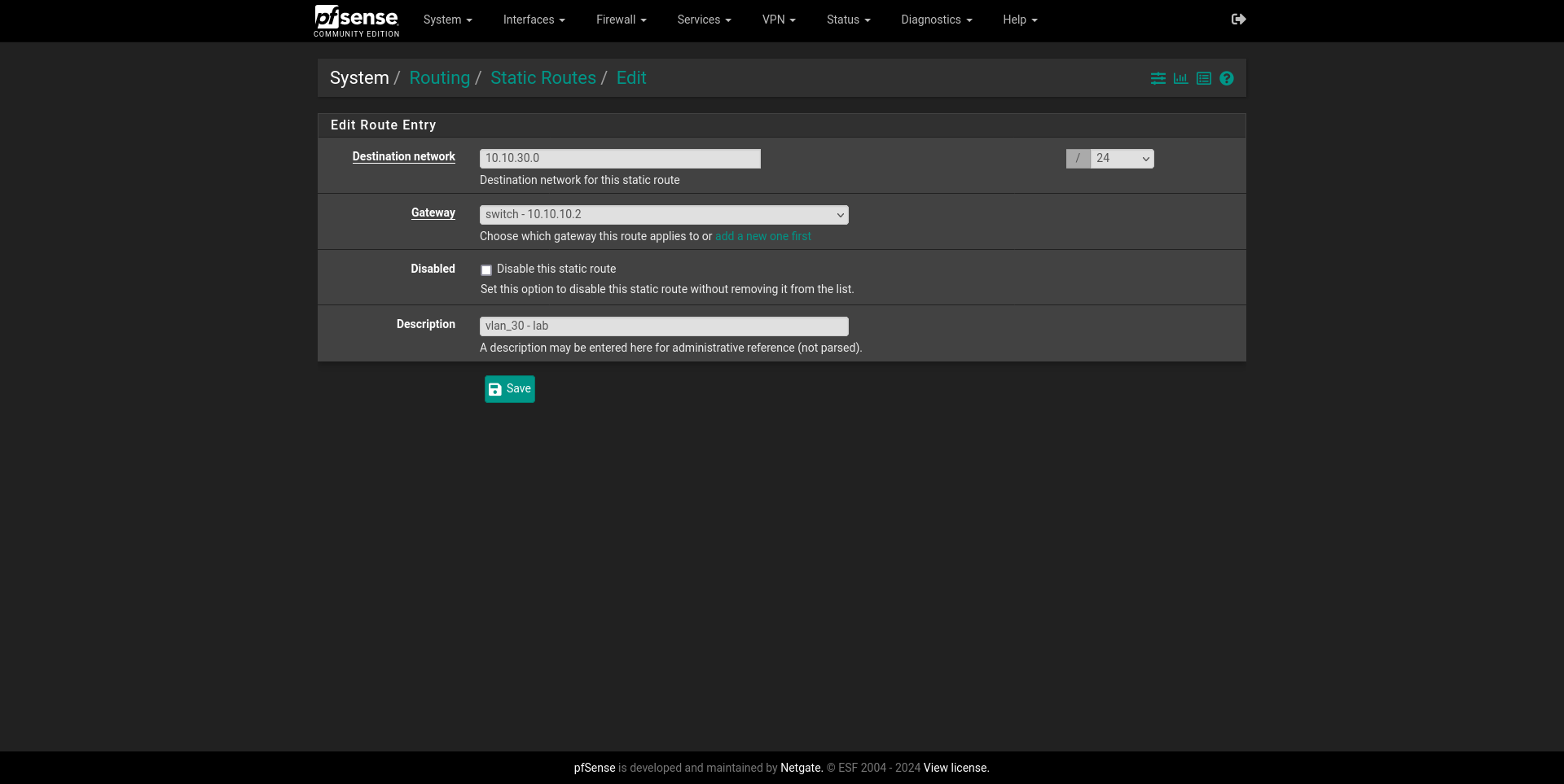 pfSense's GUI Static routes add/edit page