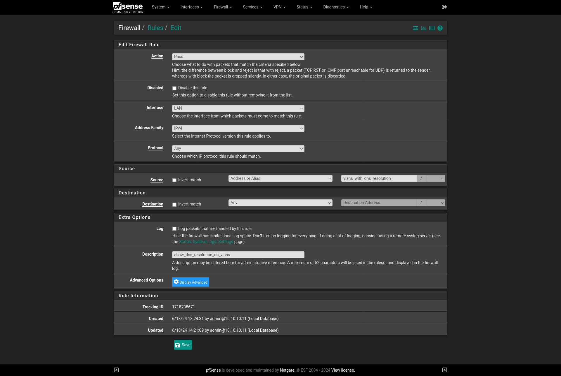 pfSense's GUI Firewall Create/Edit Rule page